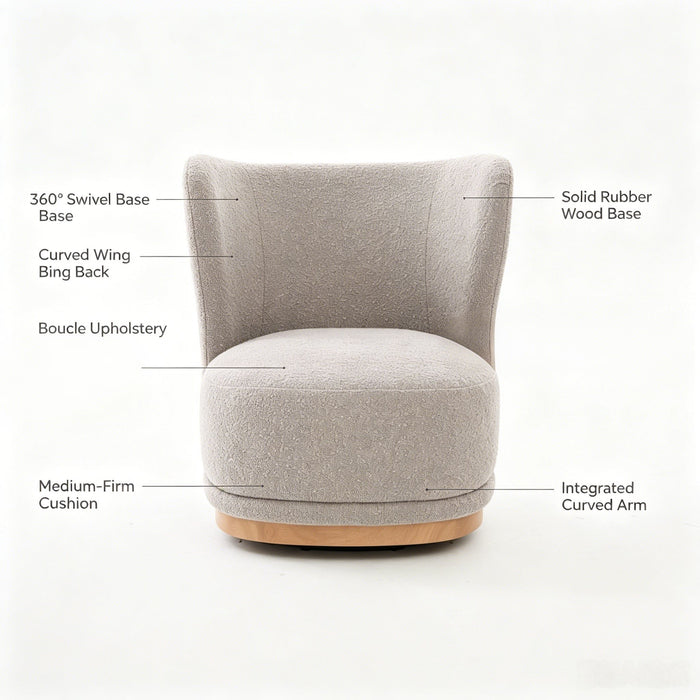 Curved Back Swivel Lounge Chair With Rotating Base For Home - Gray