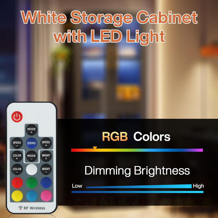 Bookcase With Doors And LED Lighting, 8 Adjustable Shelves Storage Cabinet