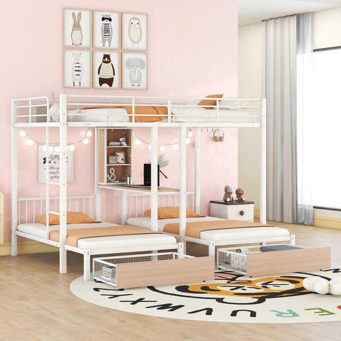Triple Bunk Bed With Drawers, Multi-Functional Frame With Desks And Shelves In The Middle