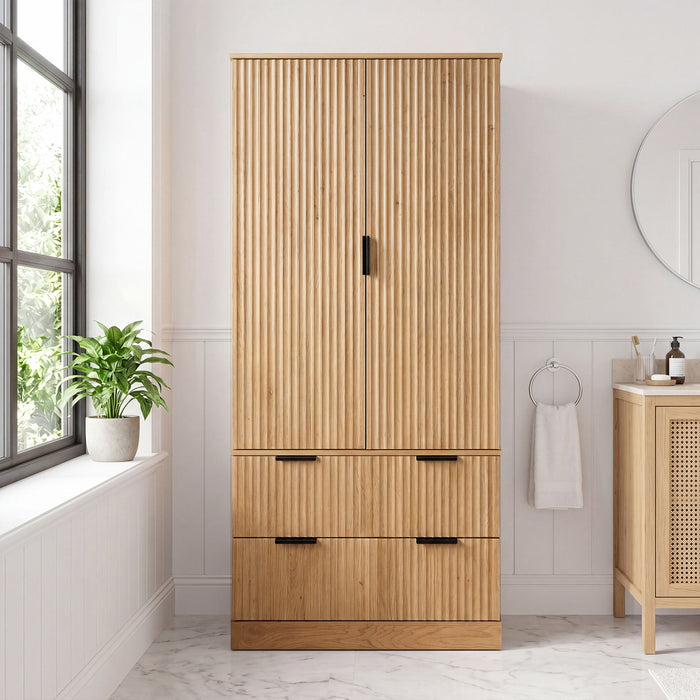 Fluted Kitchen Pantry Cabinet With 2 Large Drawers & 8 Door Spice Rack Freestanding Storage Organizer - Oak