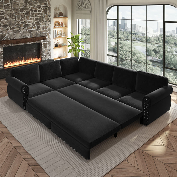 L-Shaped Sofa Couch With Pull Out Bed With Nailhead Trim & Rolled Arm