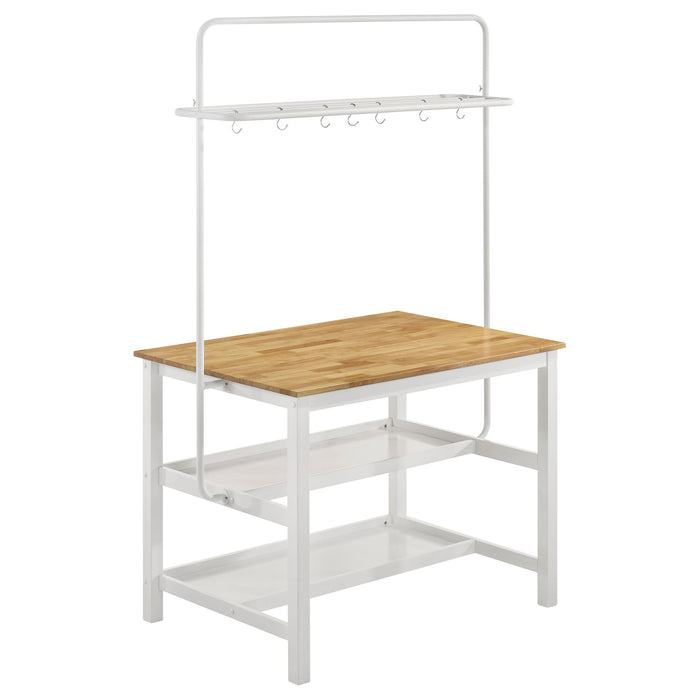 Prager - 3 Piece Kitchen Island Counter Table Set With Overhead Rack And Backless Stools - White