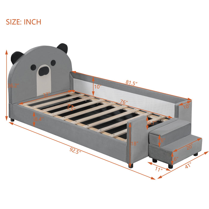 Upholstered Daybed With Bear Shaped Headboard, Hydraulic System And Breathable Mesh Fence