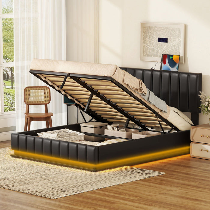 Upholstered Bed With Hydraulic Storage System And LED Light, With Sockets And USB Ports