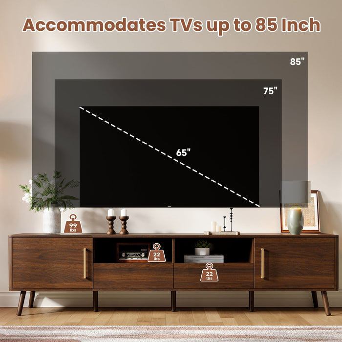78" TV Stand For 85" TVs With Soft Close Doors, Open Shelf - Walnut