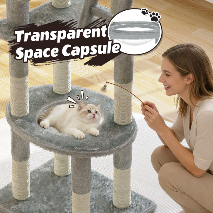 Cactus Cat Tree With Transparent Capsule, Sisal Scratching Posts - Gray
