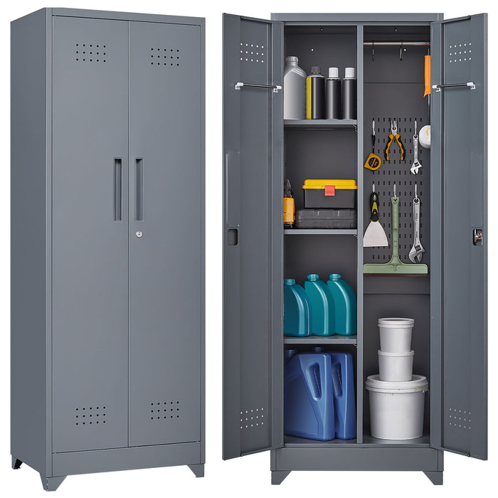 Heavy Duty Storage Cabinet With Locking Doors, Hanging Rod & Shelves, Broom Closet - Gray