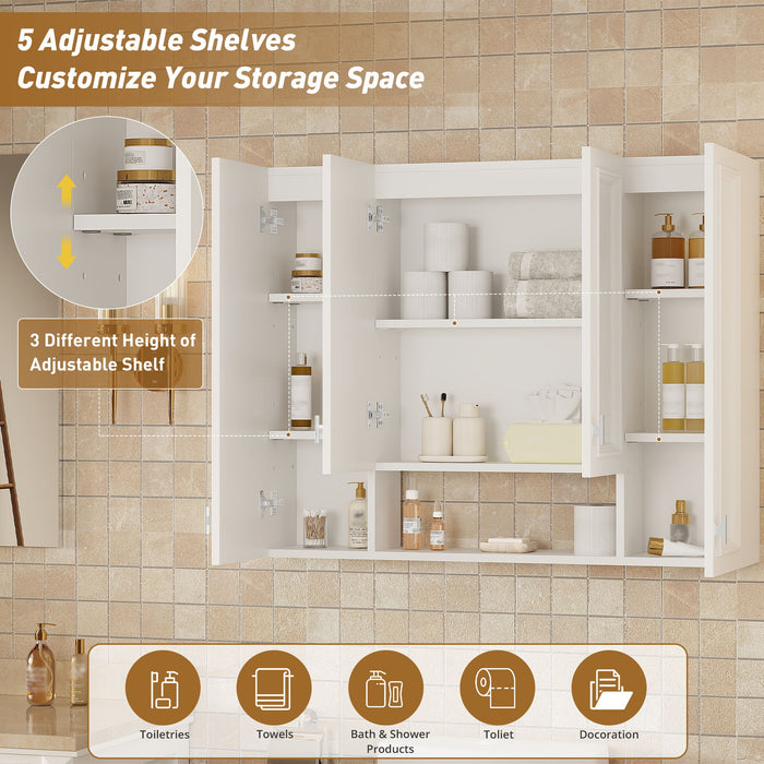 Bathroom Cabinet With 5 Adjustable Shelves, Wall-Mounted Medicine Cabinet, Soft-Closing Hinges, Open Shelving Design - White