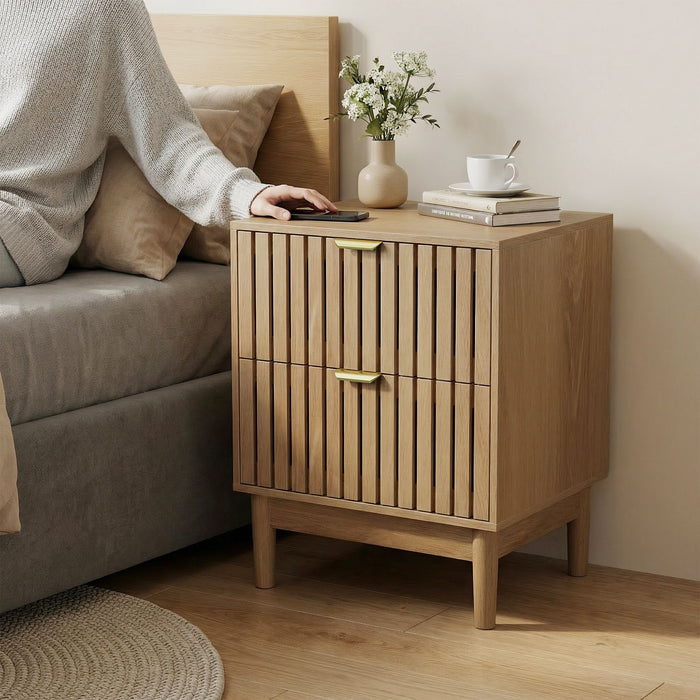 Bedside Table With Grille Design And 2 Drawers, Side Table For Bedroom - Oak