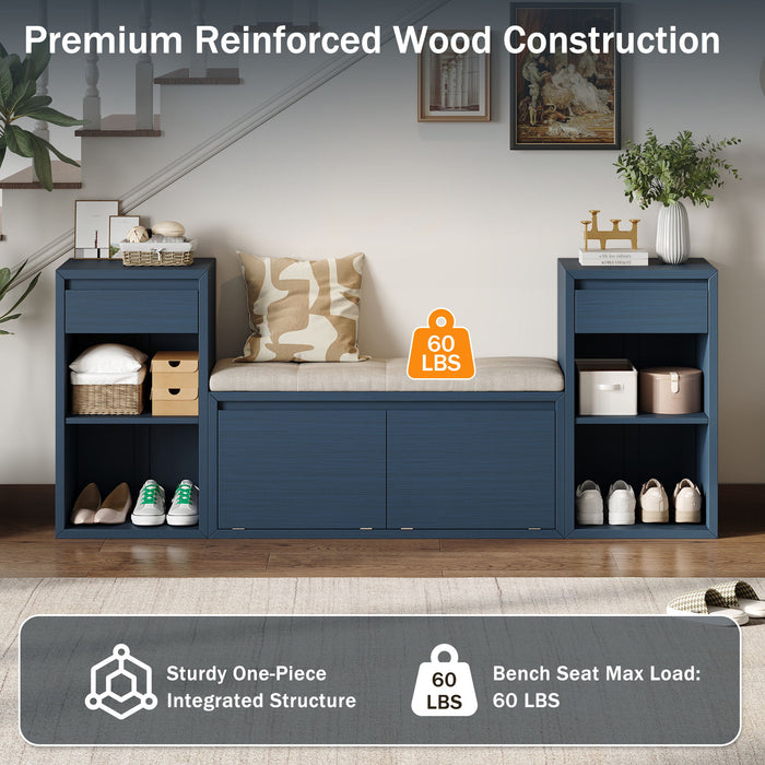 Entryway Storage Bench With Cushion, Drawers & Open Shelves