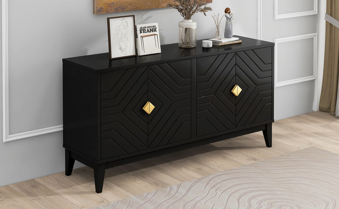 4 Door Sideboard Storage Cabinet For Living Room And Dining Room, 2 Large Cabinets With Gold Handles And Adjustable Shelf - Black