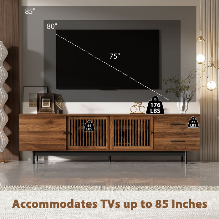 TV Stand, Media Console With 2 Drawers, Soft Closing Hinges, Adjustable Shelves, Slatted Design - Walnut