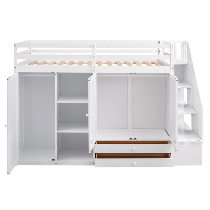 Loft Bed With 3 Shelves, 2 Wardrobes, 2 Drawers, Ladder Storage
