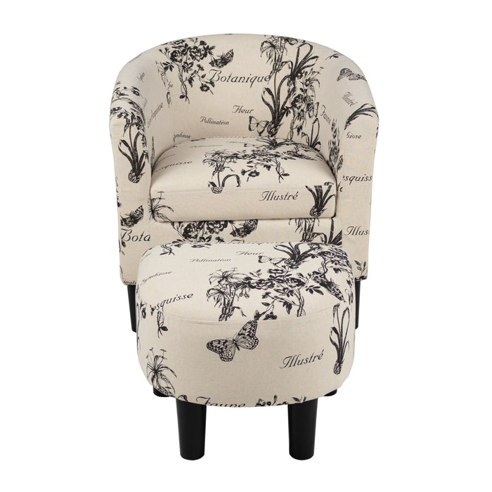 Accent Chair With Matching Ottoman Upholstered Round Backrest, Seating Set - Off White / White