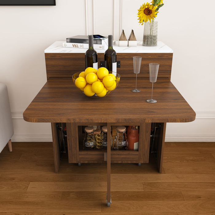Extendable Dining Table With Power Socket, Lockable Casters, Storage Cabinet, Pull Out Kitchen Island - Natural Walnut
