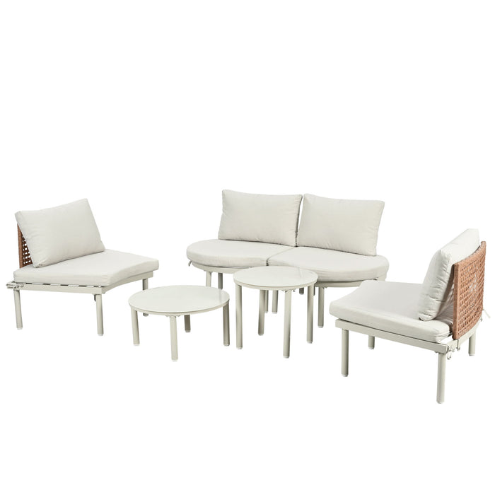 6 Piece Patio Set, Half Moon Outdoor Sectional Sofa With 2 High Low Coffee Tables, 4 Pillows & Cushions