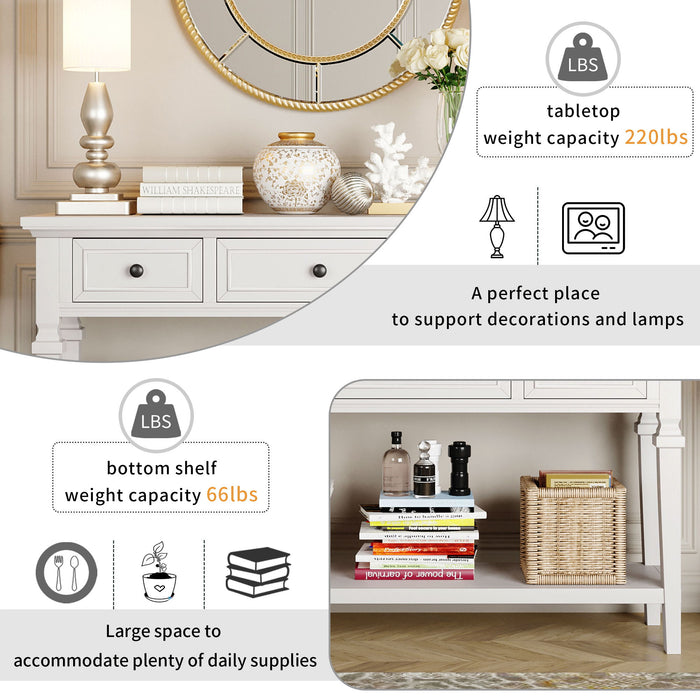 Classic Retro Style Console Table With 3 Top Drawers And Open Style Bottom Shelf - Antique White