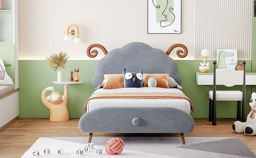 Upholstered Platform Bed With Sheep Shaped Headboard