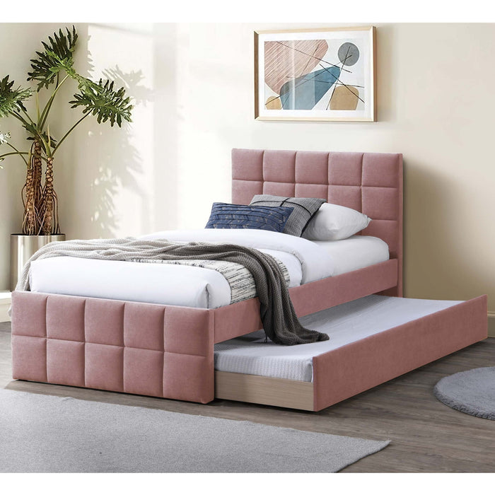 Contemporary Style Bed With Trundle Upholstered Headboard And Footboard Grid Pattern