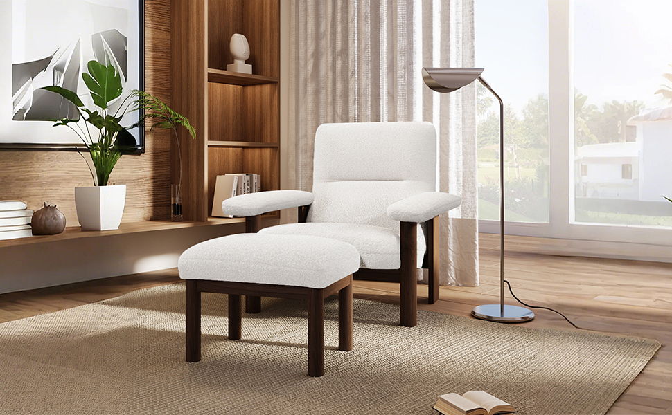 Modern Accent Chair With Ottoman, Mid Century Lounge Chair With Footrest, Comfy Fabric Armchair Upholstered Set With Solid Wood Frame For Living Room - White