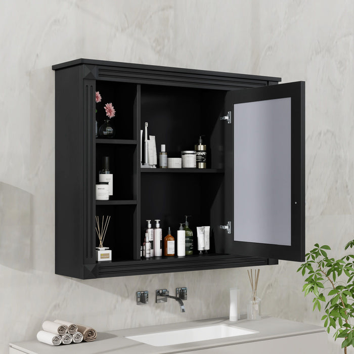 Wall-Mounted Bathroom Storage Cabinet With Mirror, 6 Open Shelves - Black