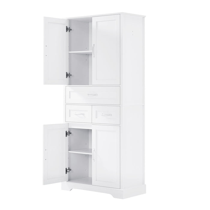 Tall Bathroom Storage Cabinet With 4 Doors 3 Drawers Adjustable Shelves - White