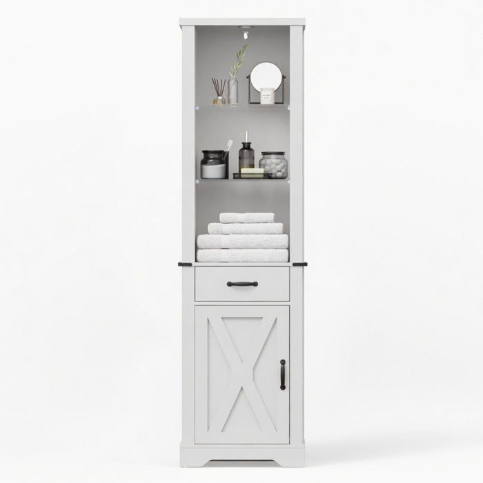 Pantry Cabinet With LED Lights And Barn Door With Tempered Glass Shelves - White