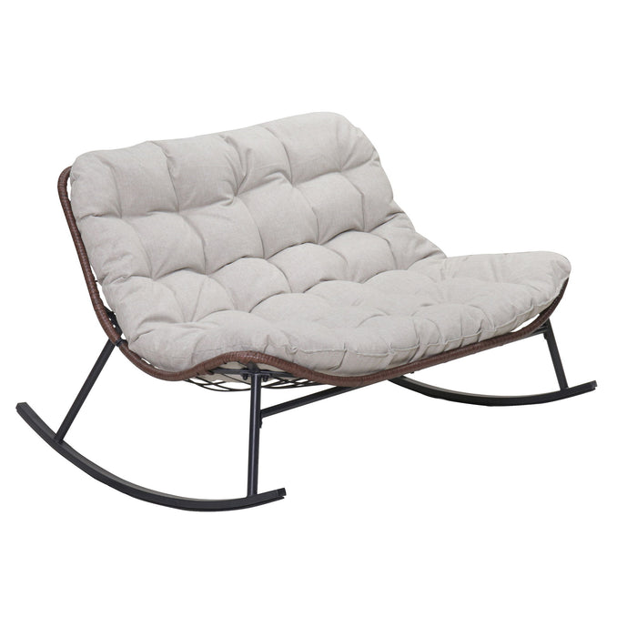 Double Wide Rocking Papasan Chair, 2 Person Outdoor Lounge Seating - Acacia Wood / Beige