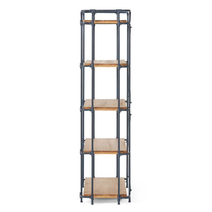 Yorktown - Industrial 5 Shelf Bookcase With Metal Pipework And Solid Fir - Natural
