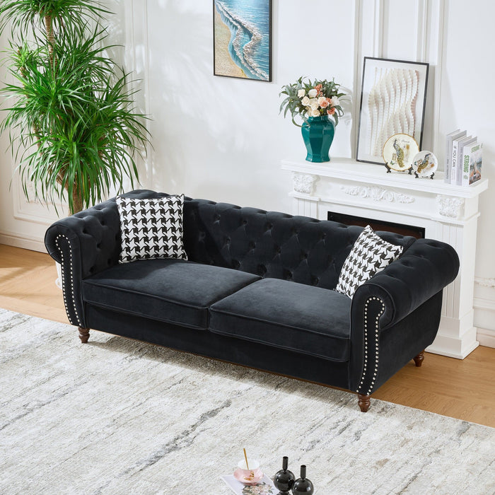 Chesterfield Upholstery Fabric Sofa With Roll Armrest & Nailhead