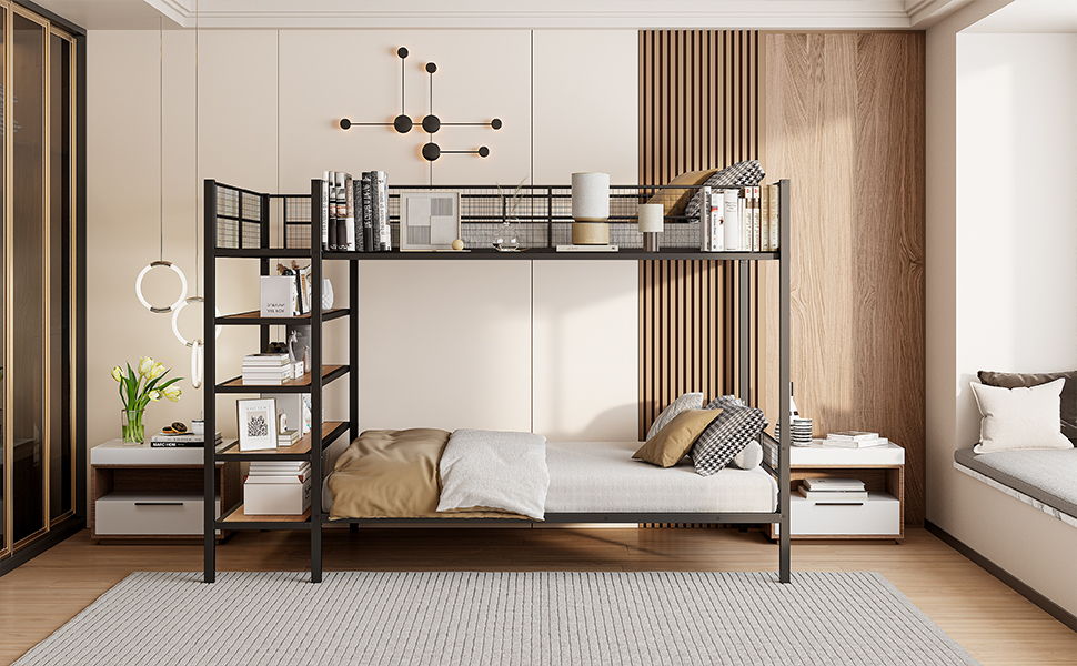 Bunk Bed With 5 Tier Shelves