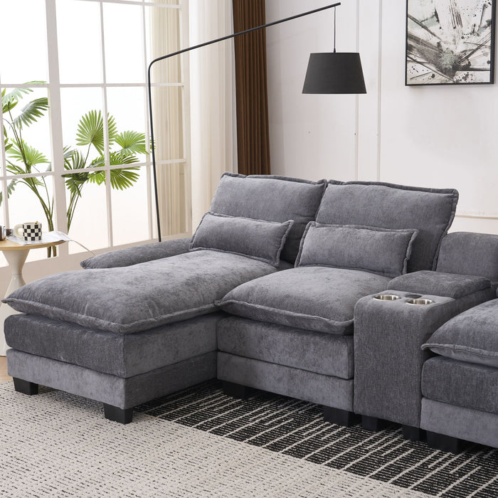 U Shaped Sofa With Console, Cupholders, USB Ports, 6 Seat, Bronzing Suede & Chenille