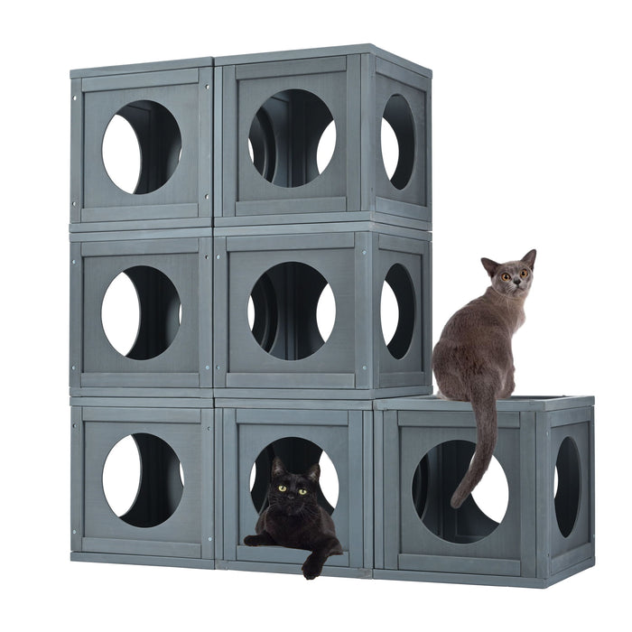 Outdoor Cat House With Shelves And Weather Protection, Removable Wood Boxes - Gray