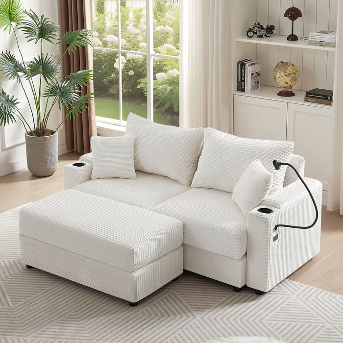 Modern Style Loveseat Sofa Sectional Sofa Couch With Storage Space, A Movable Ottoman, Two USB Ports, Two Cup Holders, A Phone Holder For Living Room