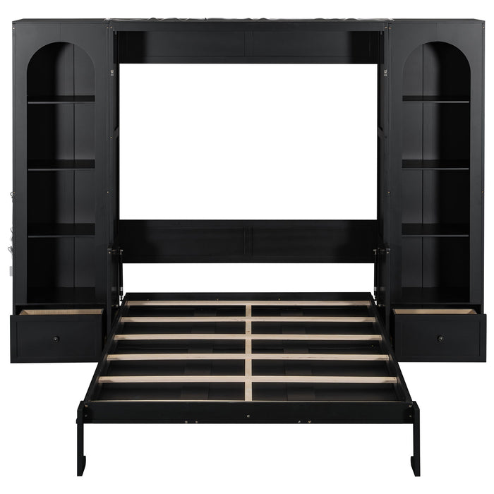 French Style Murphy Platform Bed With Shelf, Side Cabinets, Drawers And LED