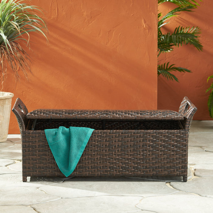 Outdoor Rattan Bench With Flair Arm And Storage - Brown
