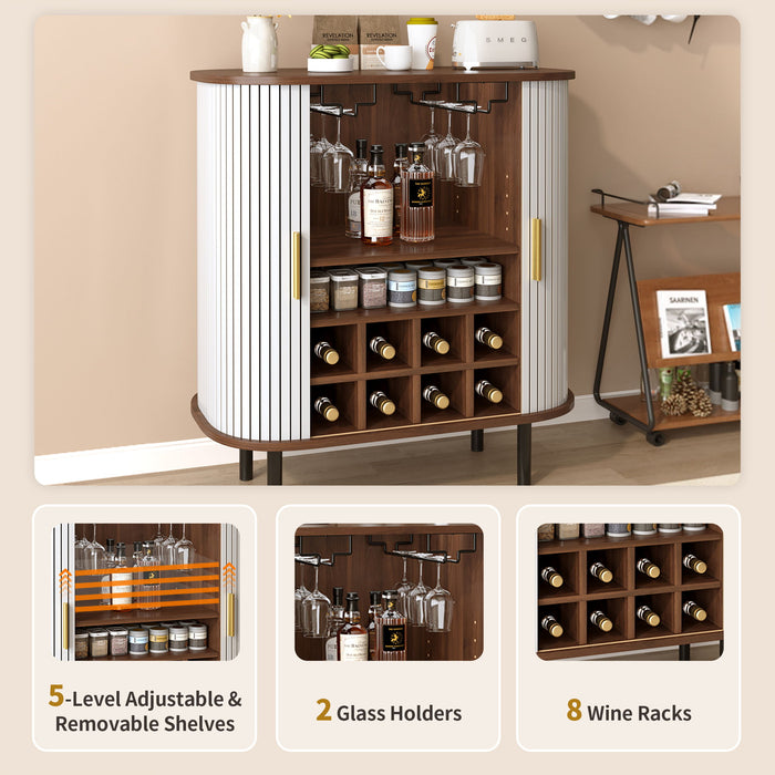 Fluted Wine Bar Cabinet With 8 Grid Wine Rack, 5 Level Adjustable Shelves, 2 Glass Holders