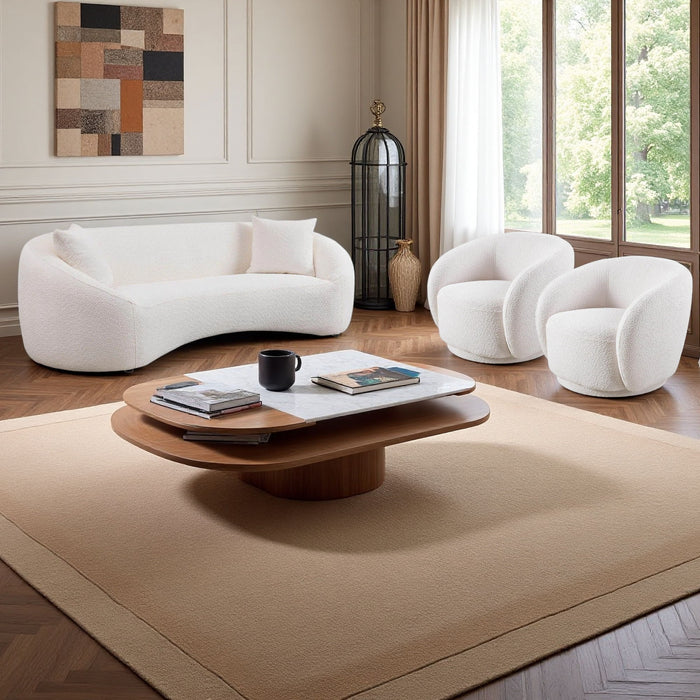 3 Piece Set Curved Sofa, Upholstered 3 Seater With Tight Curved Back For Living Room - White