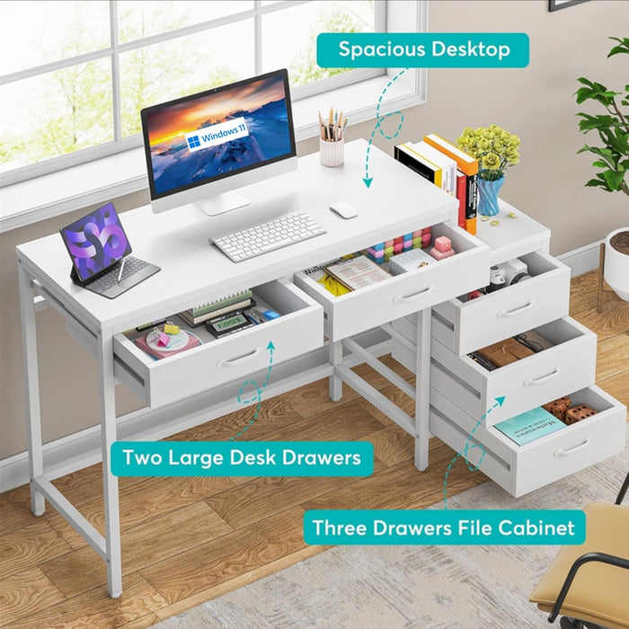 Computer Desk With Reversible 5 Drawer Storage, Frame Writing Table For Small Spaces
