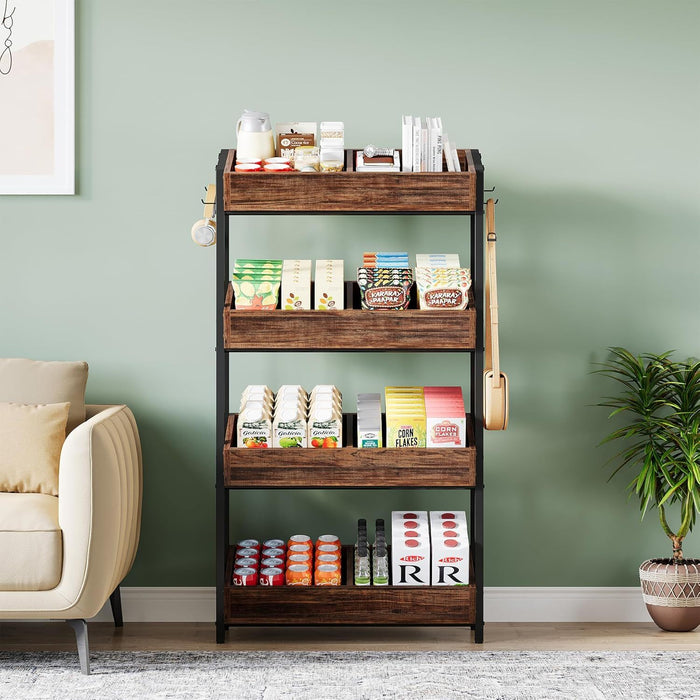 4 Tier Retail Display Rack With Hooks, Tall Metal Snack Stand With Shelves - Brown / Black