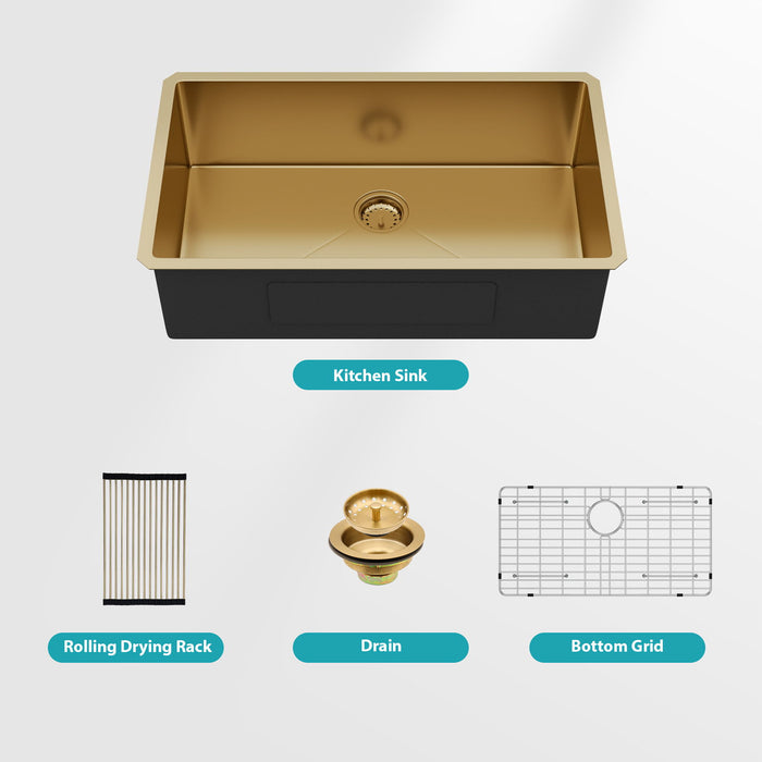 Gold Finish Undermount Stainless Steel Kitchen Sink 32" X 19" 16 Gauge Deep Single Bowl