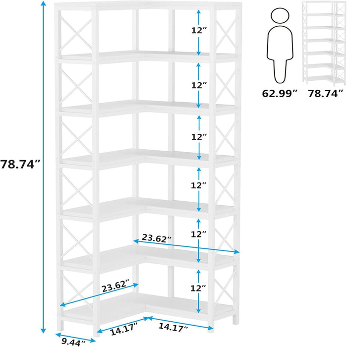 7 Tier Corner Bookshelf, Storage Unit For Living Room