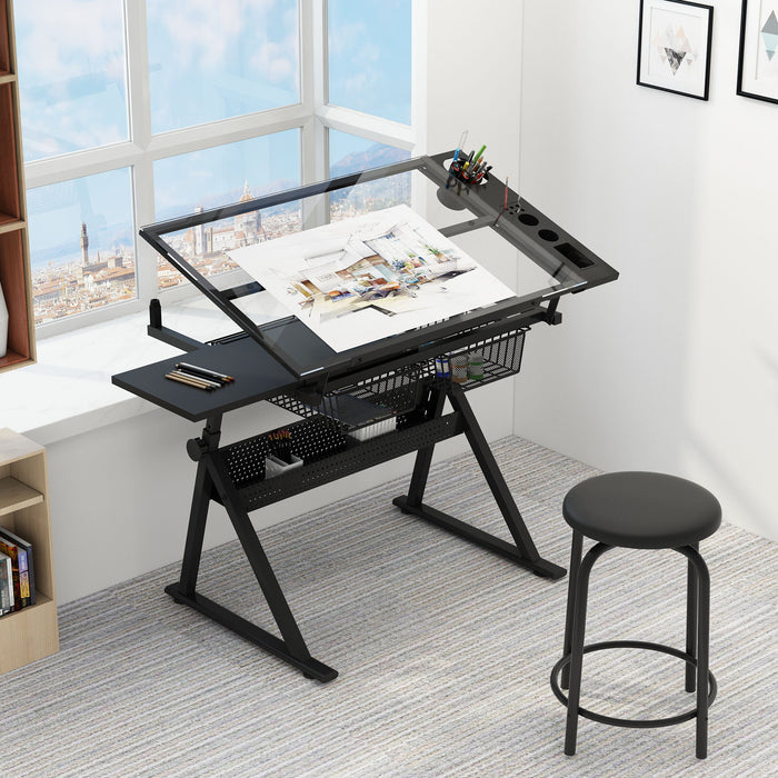 Adjustable Tempered Glass Drafting Printing Table With Chair