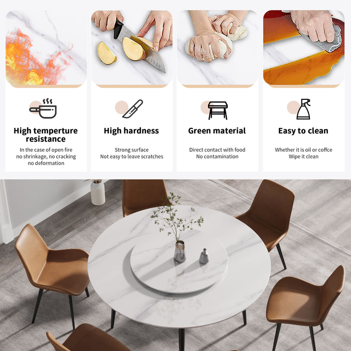 59.05" Modern Artificial Stone Round Metal Dining Table, Can Accommodate 6 People Artificial Stone Turntable - White / Black