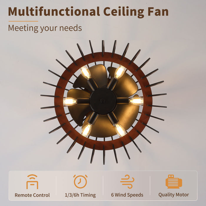Ceiling Fan, Fandelier With 6 E12 Sockets, Reversible DC Motor, 6 Speeds, Remote Control, Adjustable Hanging - Black / Brown