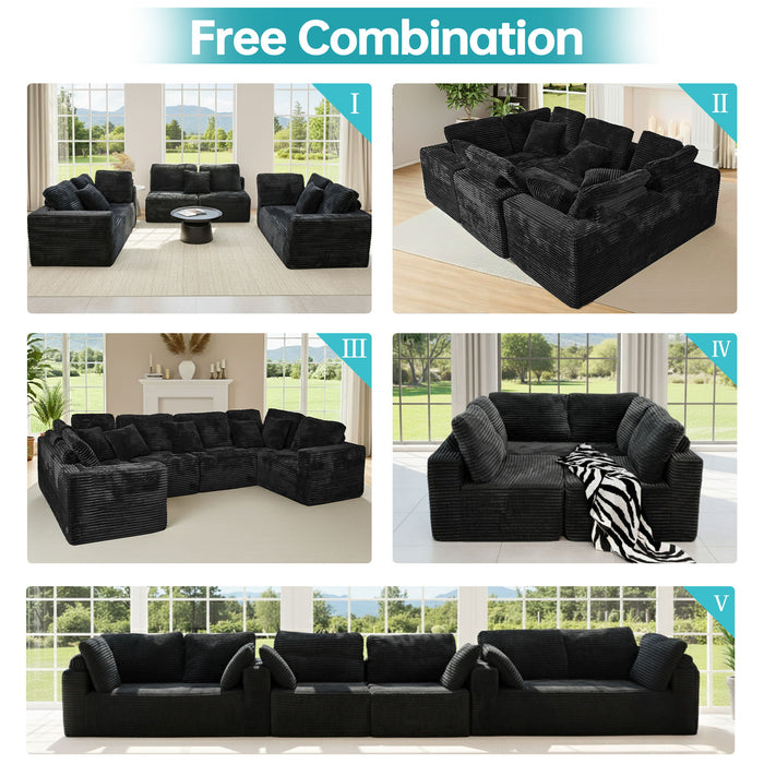 Modular U-Shaped Sectional Sofa, 6 Seater Chaise Lounge With Reversible Design - Black