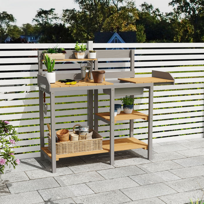 Outdoor Potting - Bench, Workstation Table With Cabinet For Backyard Garden Supplies - Gray / Brown