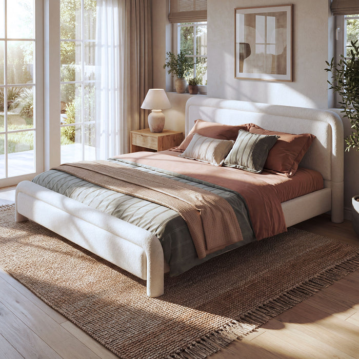 Upholstered Platform Bed Frame With Curved Headboard, Wood Slats Support