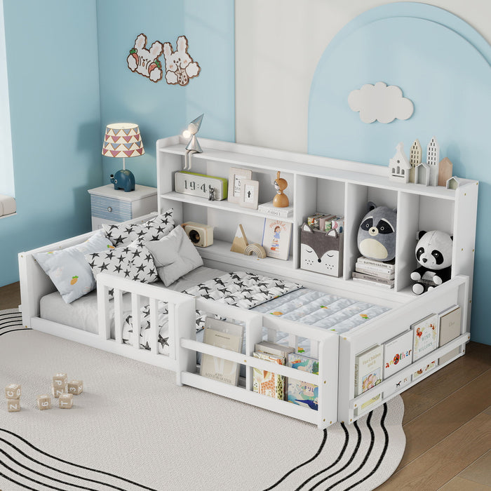 Platform Bed Frame With Guardrail, Storage Shelves & Bookshelf