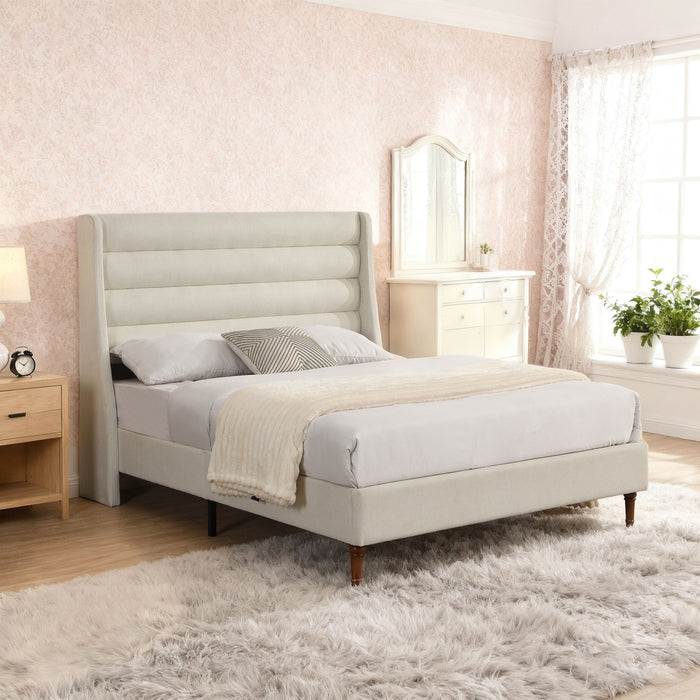 Modern Upholstered Platform Bed With Wave Shaped Headboard